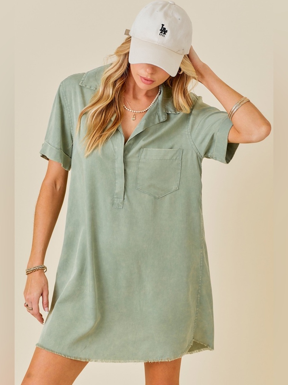 Moon Washed Olive Green Popover Mini Shirt Dress in 100% Tencel